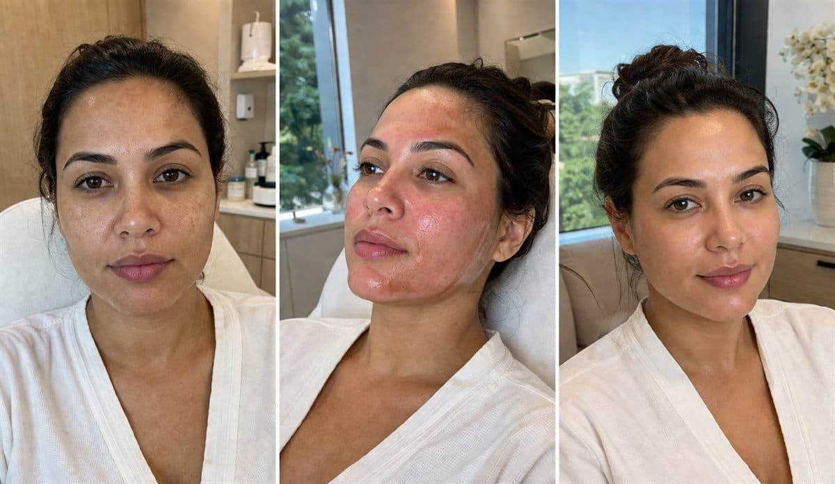 Sequência realista de evolução estética facial com antes, progresso e depois